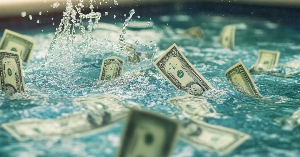 money floating and coming out of pool water